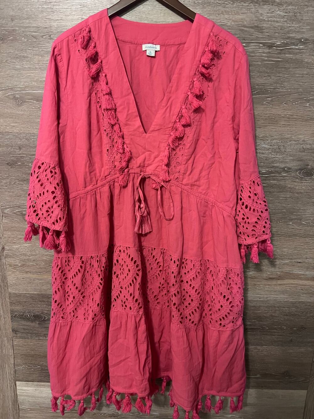 Sundance pink dress size XL tinsel long sleeves v neck cotton flare